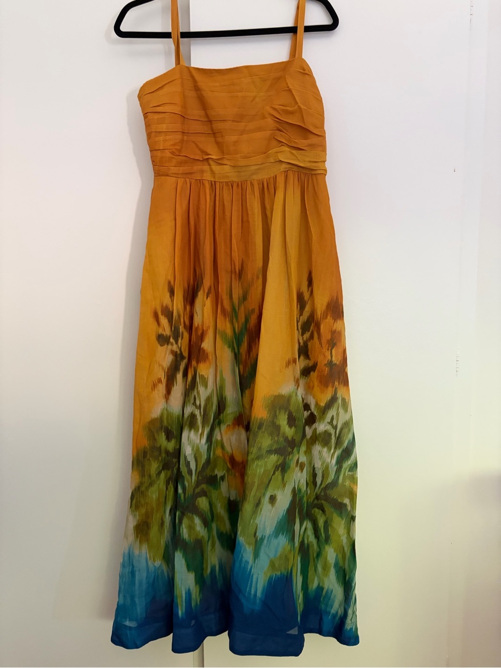 Tahari ASL Mustard Ombre Maxi Dress with Blue & Green Floral